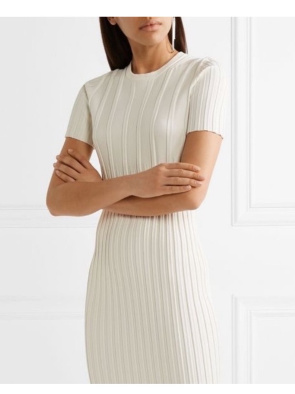 Helmut Lang Ribbed Knit Ivory Midi Cap Sleeve Dress XS
